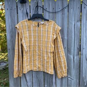 Ana A New Approach Plaid Long Sleeve Ruffle Shoulder‎ Top Womens XL Yellow